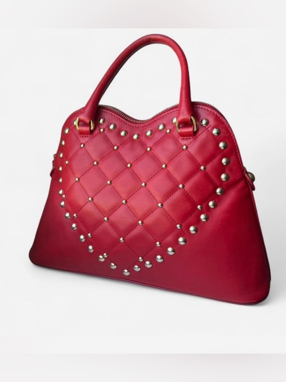 Moschino Red Quilted Heart Studded Leather Shoulder Bag